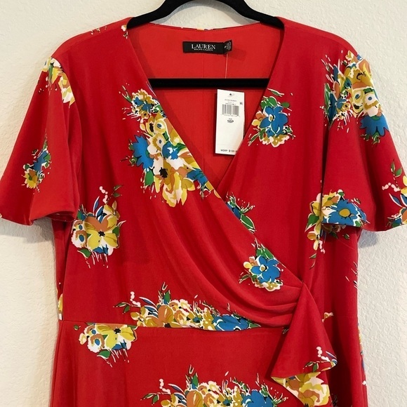 Lauren Ralph Lauren Women’s Midi Faux Wrap Dress Size 16 Red Floral Contemporary - Picture 8 of 16